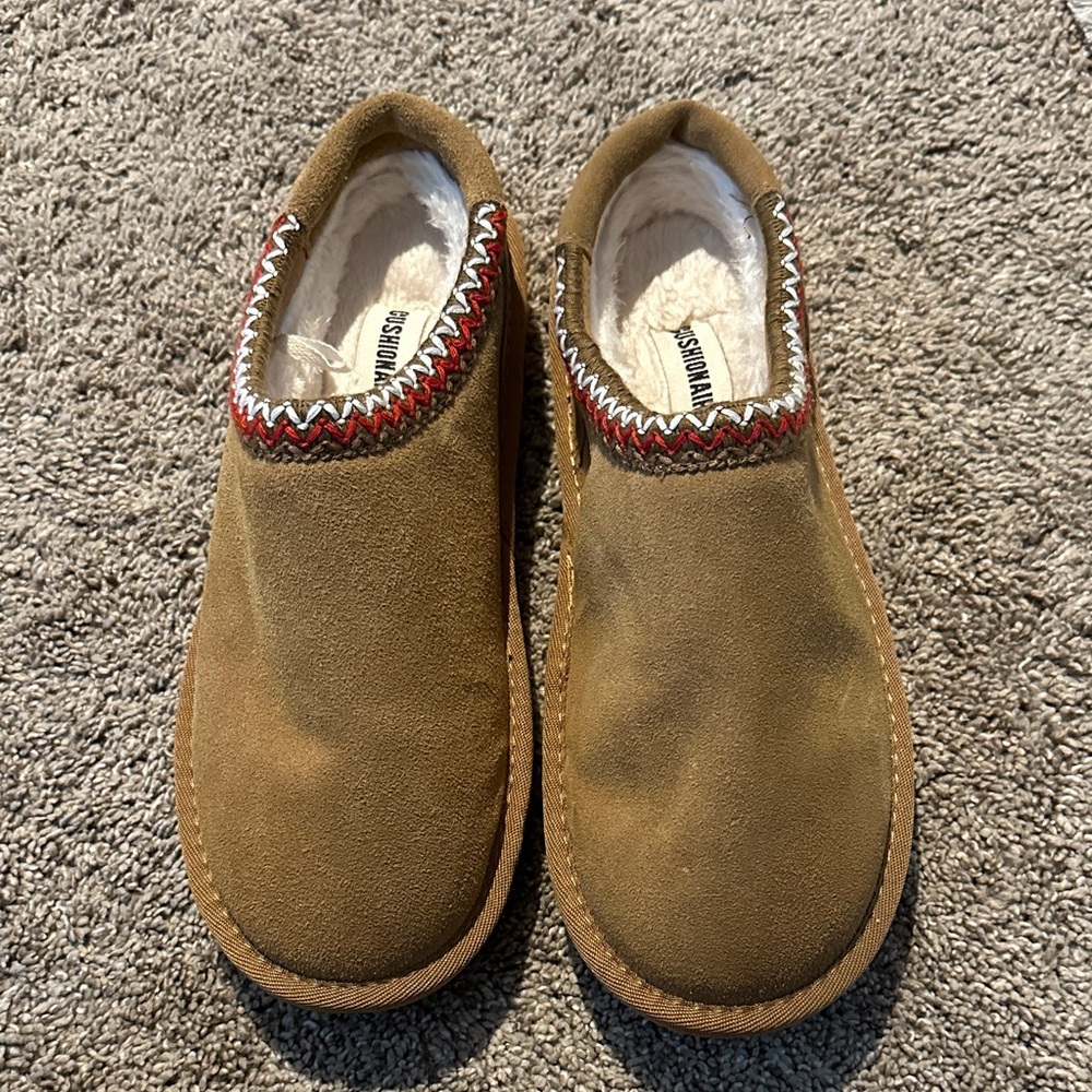 Minnetonka Tan Suede Slip-On Shoes with Colorful Trim